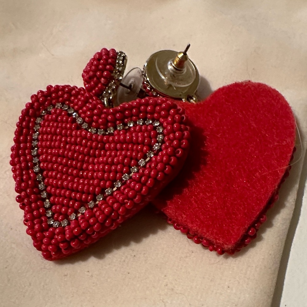 J. Crew Red Beaded Heart Earrings